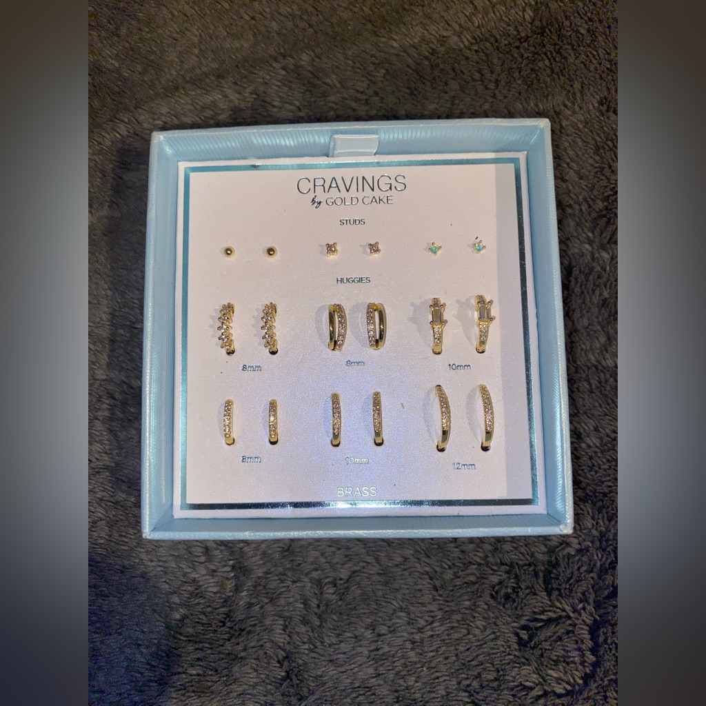 Bnib Cravings By Gold Cake. Brass W/Gold Plated Studs& Huggies Set Of 9 Earrings